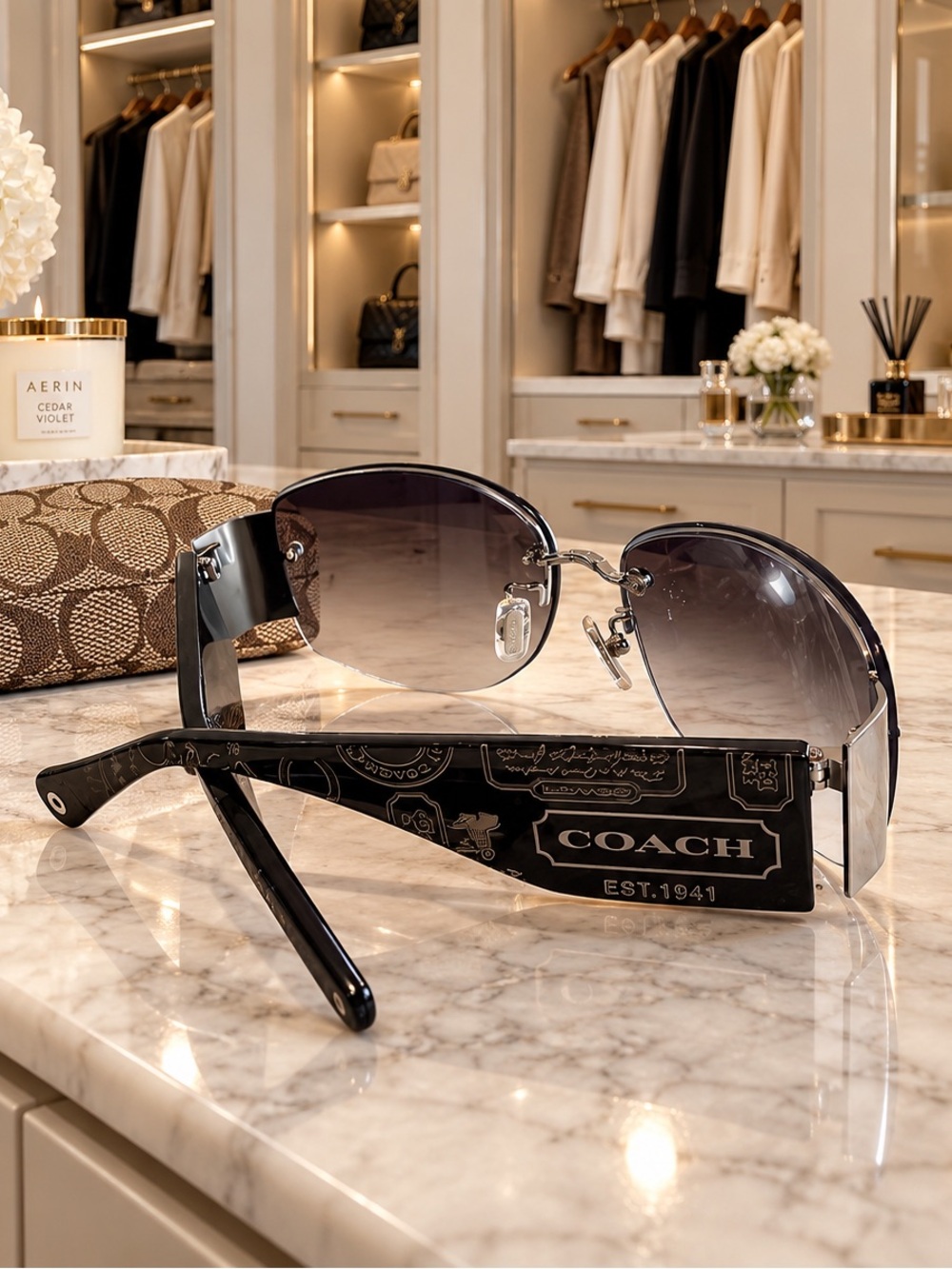 Coach Cameron (S332 / S334) rimless rectangle sunglasses w/ C Case & Lense Wipe